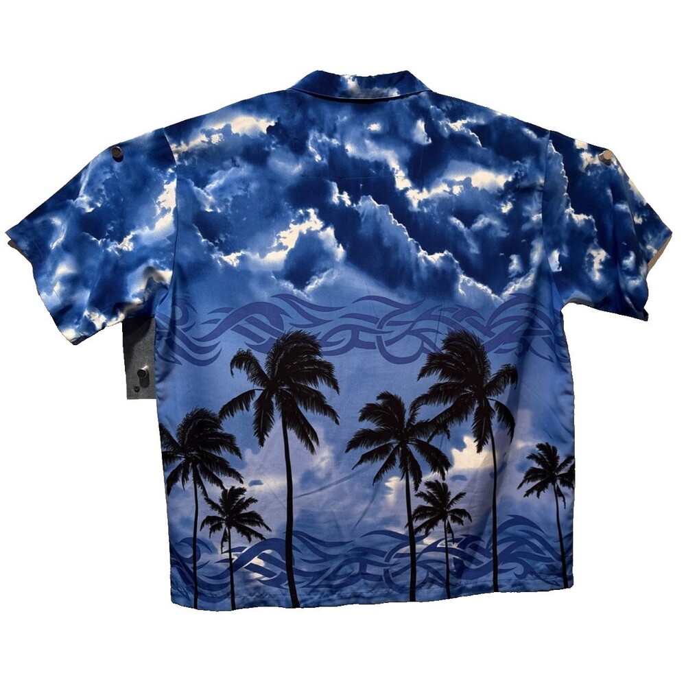 VINTAGE Ocean Current Hawaiian Tribal Blue Palm Tree Clouds Camp Beach Shirt